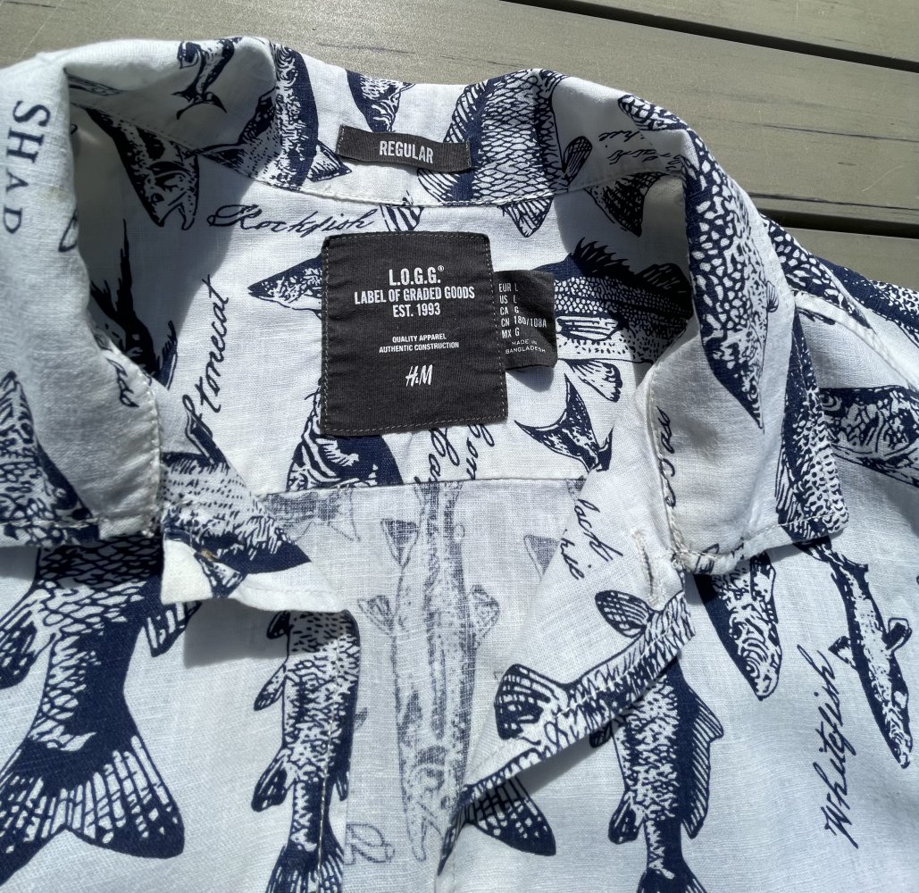 H&M Kurzarm HEMD Leinenhemd Resort Hemd „FISCHE“ Gr. L