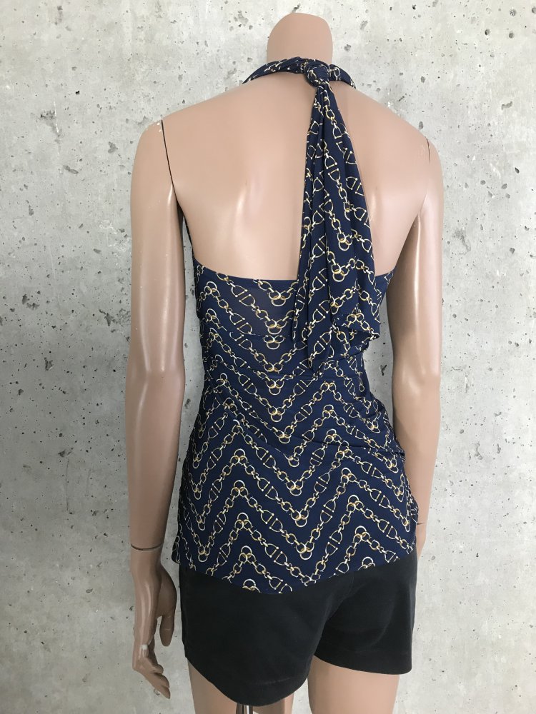 Top Neckholder Bluse mit Schleiffe blau mit Gelb Braunem Hufen Muster