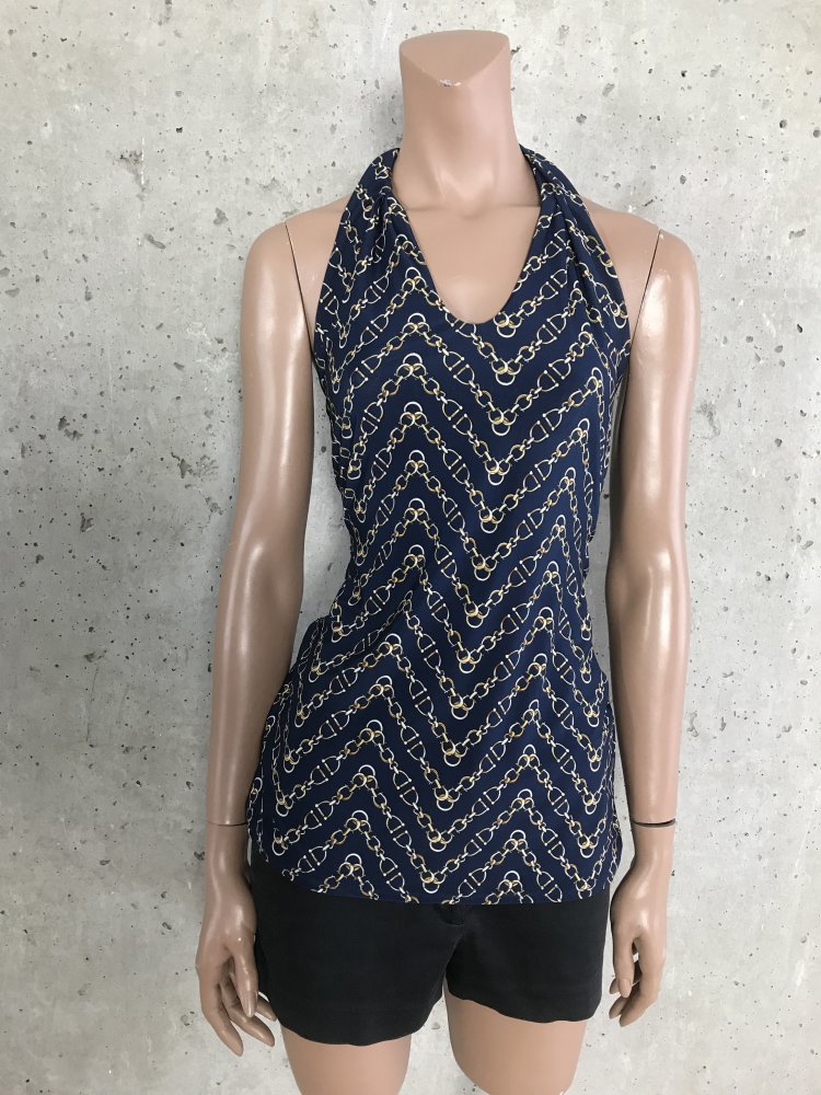 Top Neckholder Bluse mit Schleiffe blau mit Gelb Braunem Hufen Muster