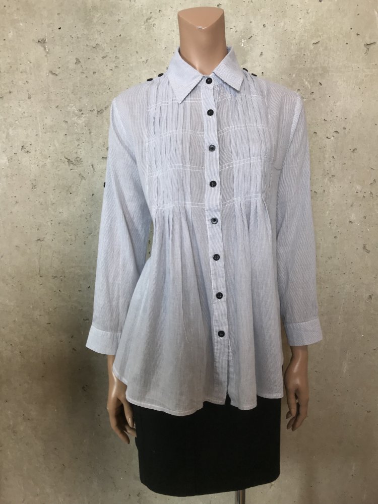 Damen Bluse Shirt aus reiner Baumwolle mit blauen Streifen, klassischer Hemd Kragen, vorderer Knopfverschluss und lange Ärmel mit einem Manschettenknopf