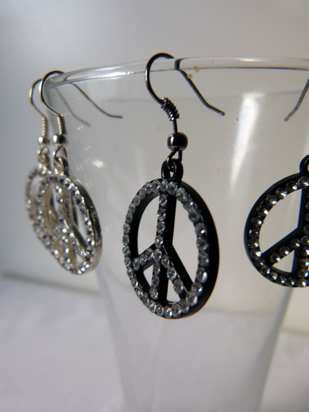 Peace Ohrringe, 2 Paar al Set, silberfarben und schwarz mit Strass, Modeschmuck, Boho Hippie Mori Goa Retro Festival