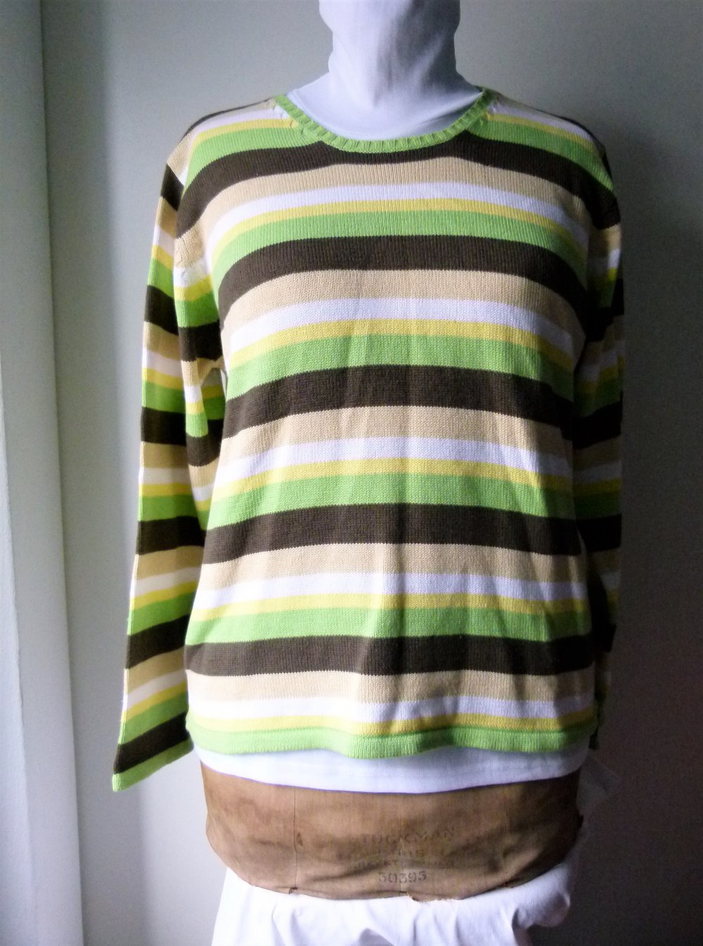 Ringel Strick Pullover, grün braun weiß gelb gestreift, Boho Mori Lagenlook Goa Festival Knitwear