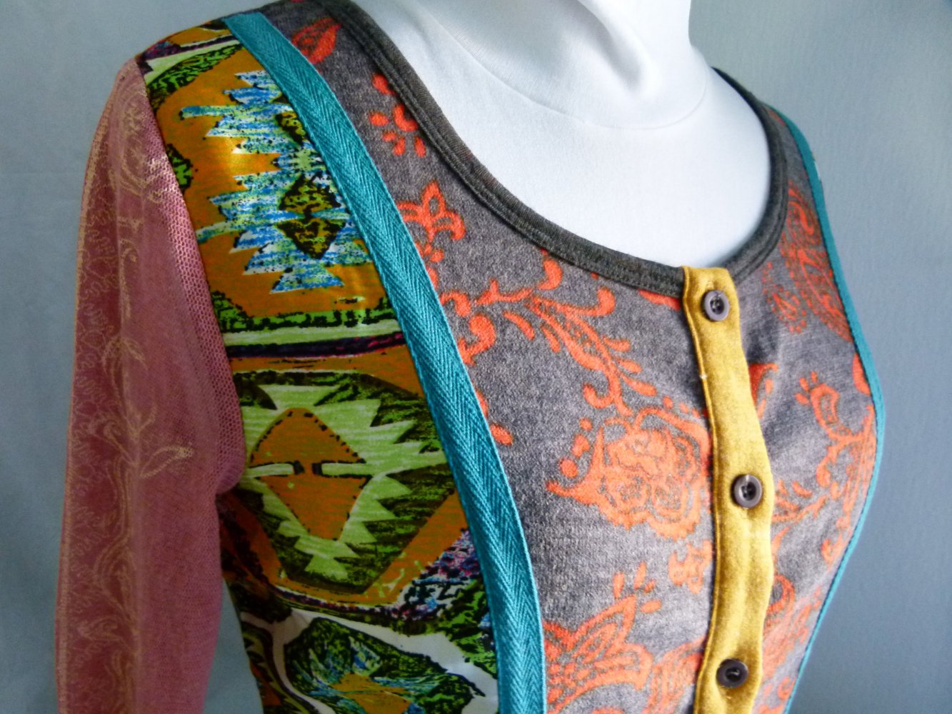 Goa Bluse Jacke Cardigan, bunt und wild gemustert, Lagenlook Mori Hippie Festival Patchwork Psy Elfen Fairy Sommer 