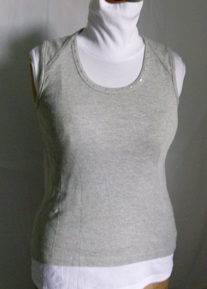 Feinripp Shirt Top, grau meliert mit Strass verziert, Boho Mori Goa Festival Sommer