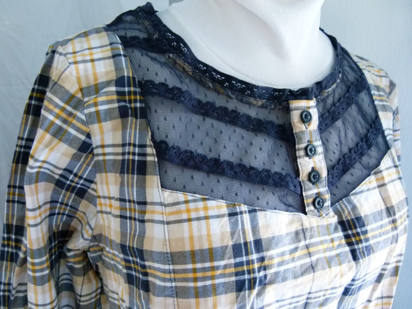 Tunika Bluse mit Spitze, dunkelblau gelb kariert, Boho Mori Goa Festival Lagenlook