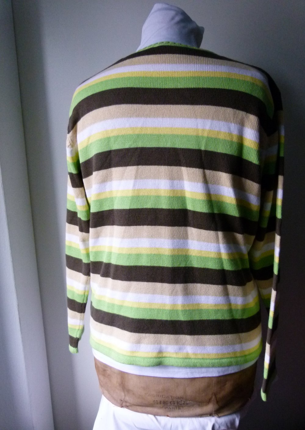 Ringel Strick Pullover, grün braun weiß gelb gestreift, Boho Mori Lagenlook Goa Festival Knitwear