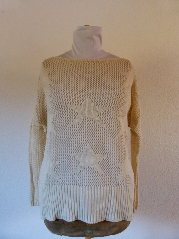 Strick Pulli Pullover mit Sternen Muster, creme weiß, Fledermaus Ärmel, Boho Mori Winter Herbst Knitwear Lagenlook Lochstrick Goa Oversized