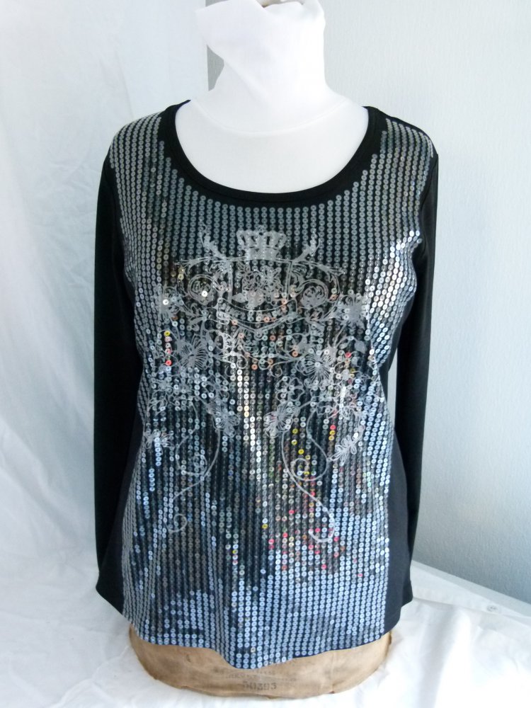 Long Top Tunika, schwarz mit grauem Muster und transparenten Pailletten, Boho Lagenlook Festlich Edel Büro