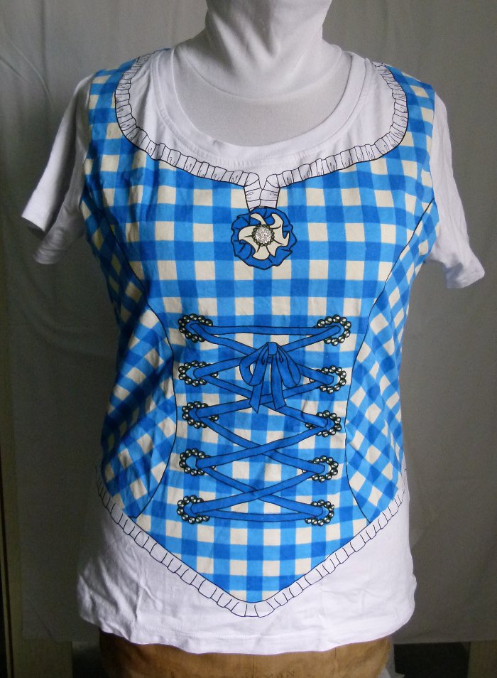 Dirndl T-Shirt, weiß mit türkis blauem Druck, NEU, Oktoberfest Sommer Party Cottagecore