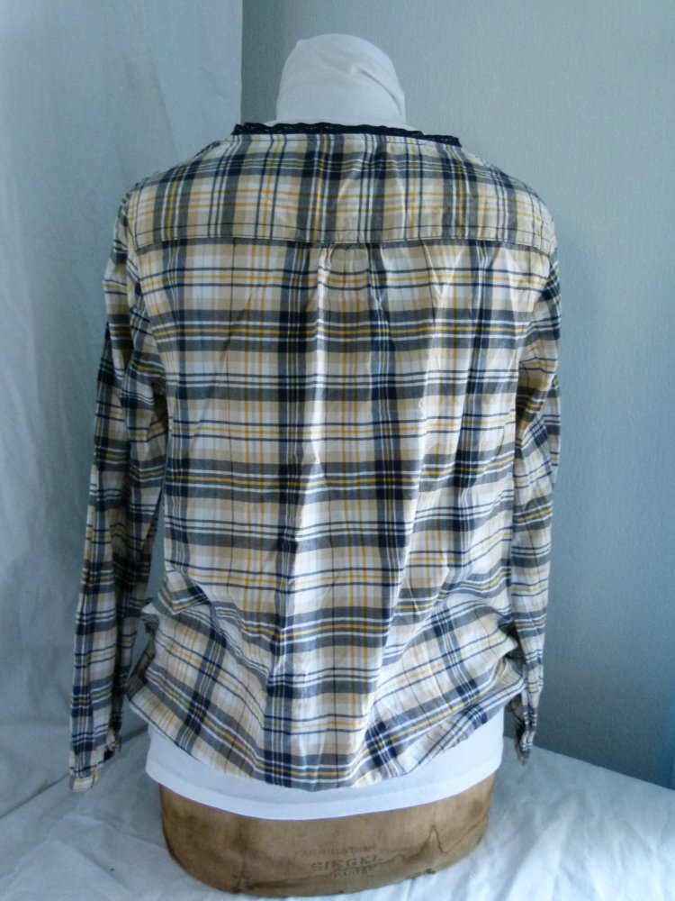 Tunika Bluse mit Spitze, dunkelblau gelb kariert, Boho Mori Goa Festival Lagenlook