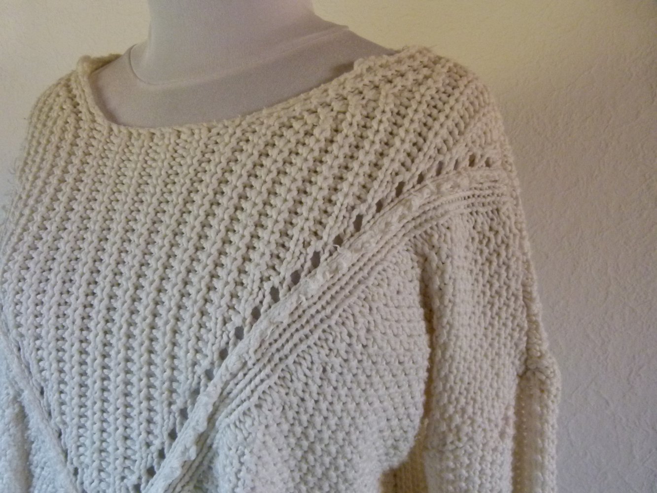 Strick Pulli Pullover, creme weiß, Boho Mori Winter Herbst Knitwear Lagenlook Lochstrick Goa Oversized