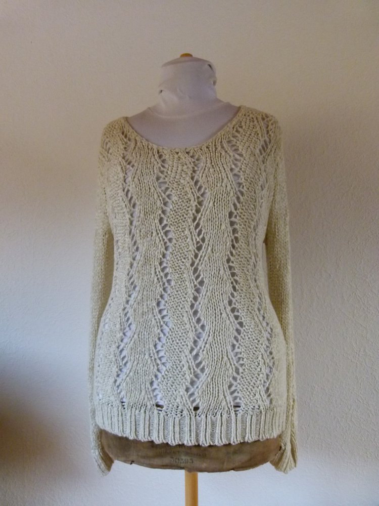 Strick Pulli Long Pullover, creme weiß, Boho Mori Winter Knitwear Lagenlook Lochstrick Edel Herbst Goa