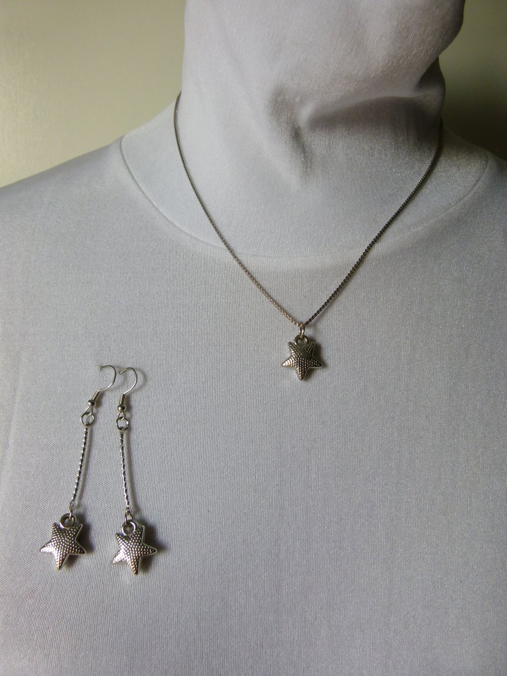 Schmuck Set, Halskette mit Anhänger & Ohrringe, silberfarben mit Sternchen, Modeschmuck, Boho Mori Goa Festival Hippie