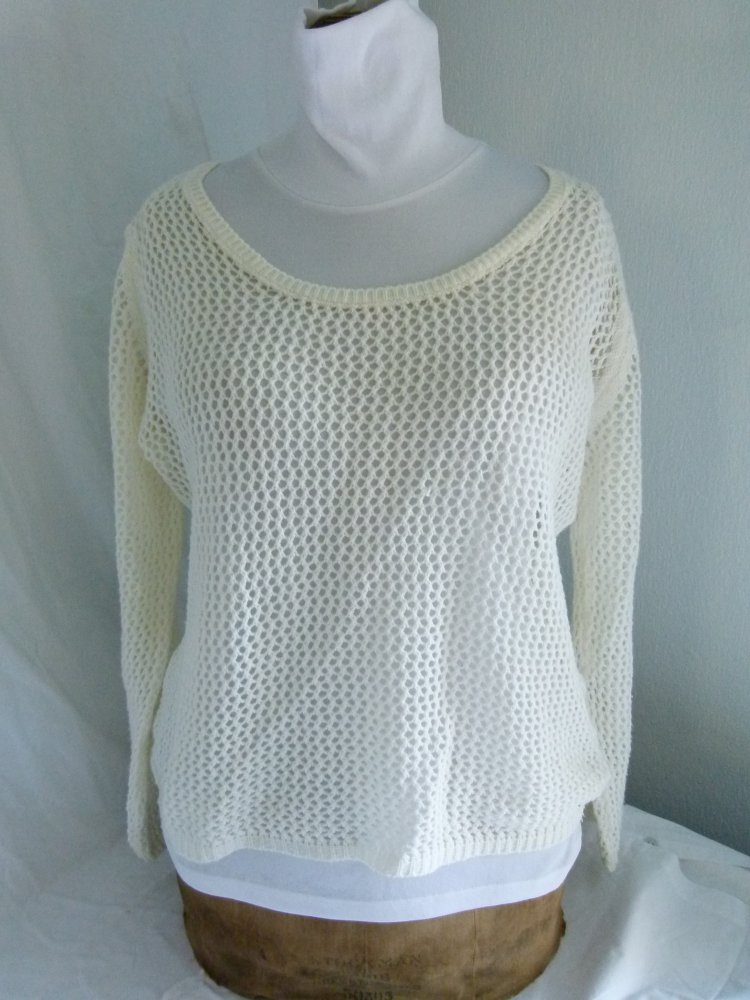 Netz Strickpulli Leichter Pullover, creme weiß, Boho Mori Goa Festival Lagenlook