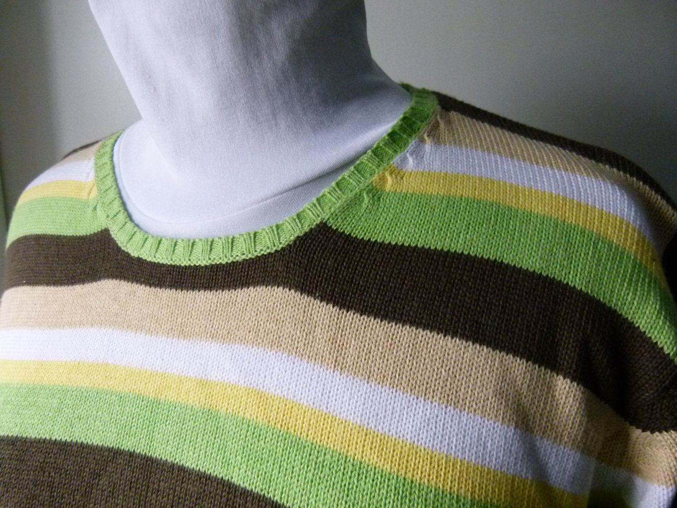 Ringel Strick Pullover, grün braun weiß gelb gestreift, Boho Mori Lagenlook Goa Festival Knitwear