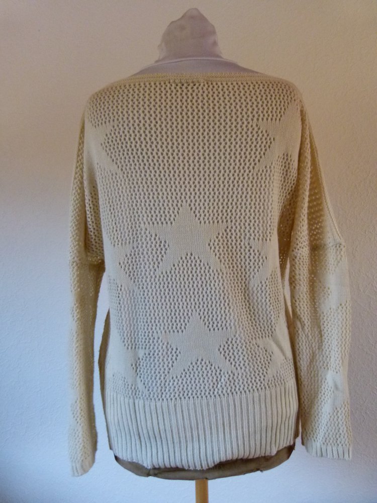 Strick Pulli Pullover mit Sternen Muster, creme weiß, Fledermaus Ärmel, Boho Mori Winter Herbst Knitwear Lagenlook Lochstrick Goa Oversized