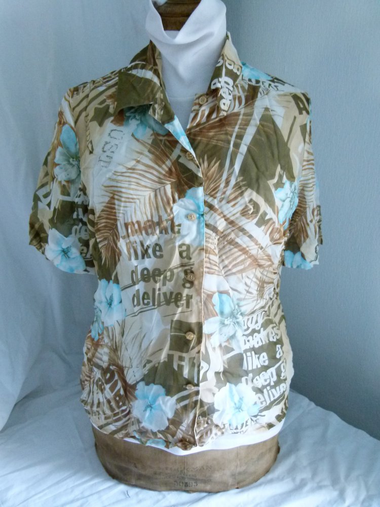 Sommer Bluse, Kurzarm, braun khaki hellblau gemustert, transparent, Boho Mori Goa Festival Strand Lagenlook