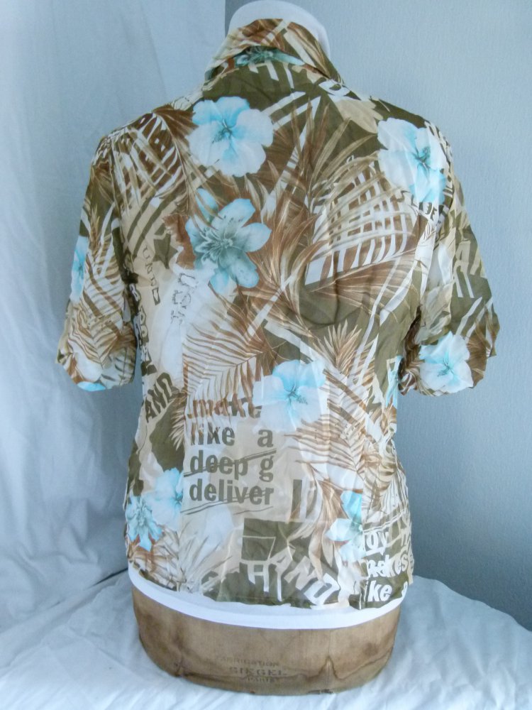 Sommer Bluse, Kurzarm, braun khaki hellblau gemustert, transparent, Boho Mori Goa Festival Strand Lagenlook