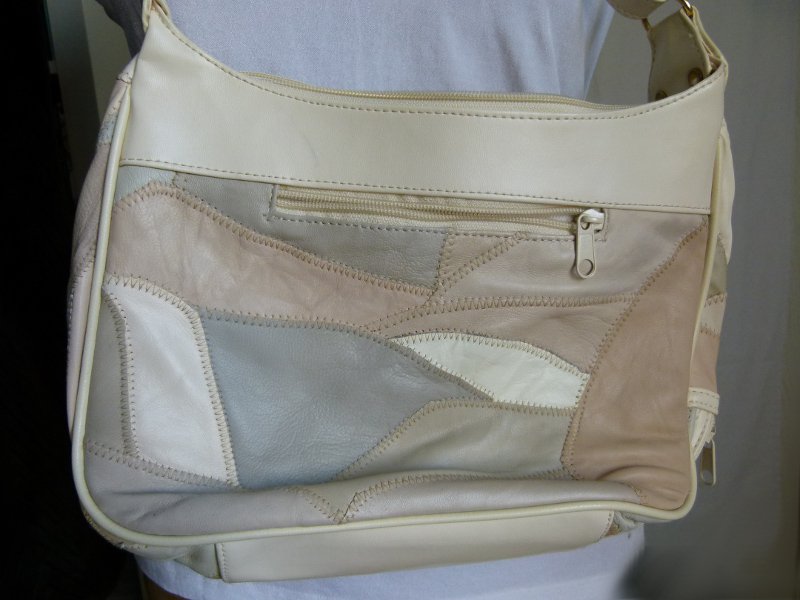 Umhängetasche Handtasche Shopper, Leder Patchwork, neutrals nude cremeweiß, viel Stauraum, Boho Mori 