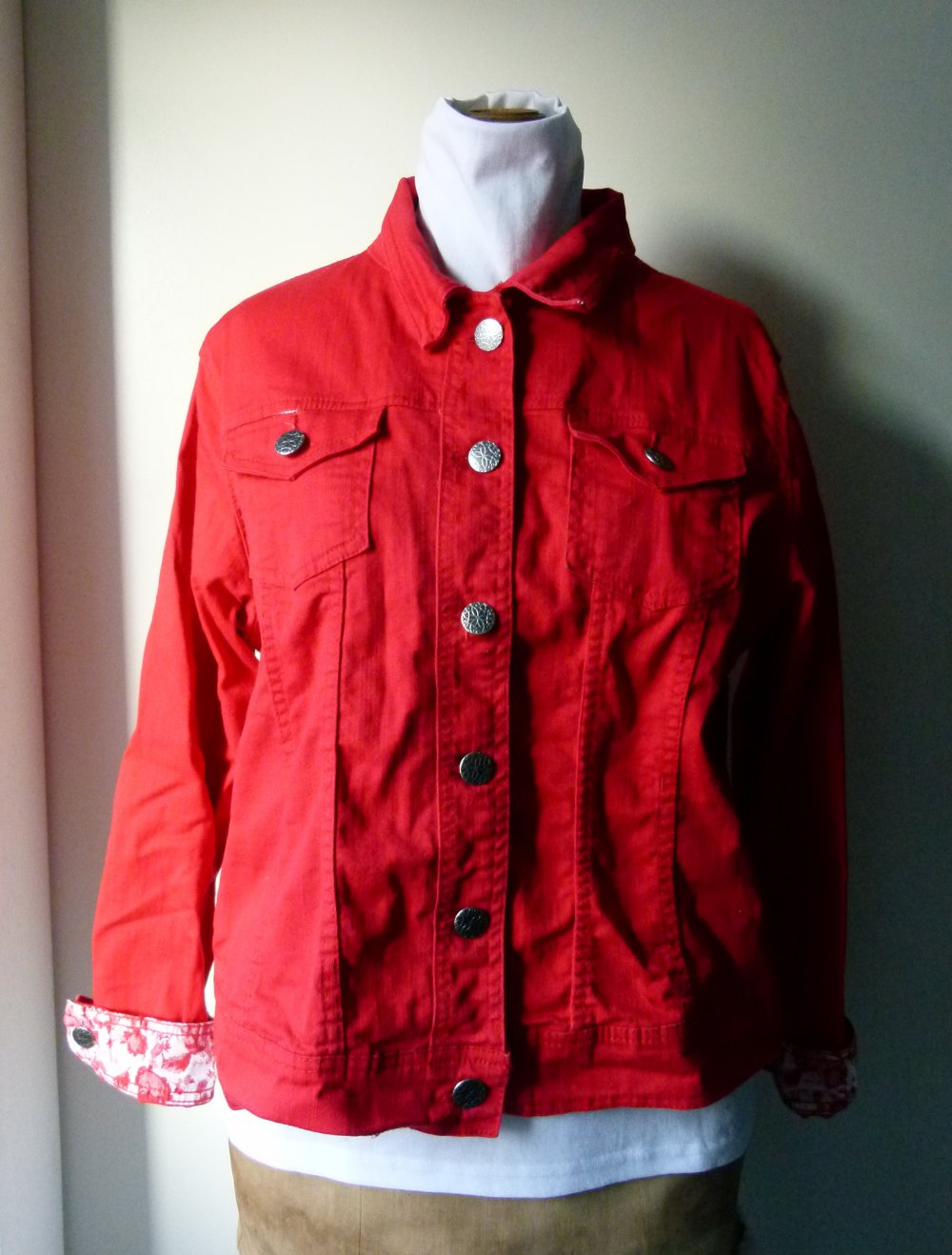 Jeans Jacke, knallrot, Boho Mori Festival Lagenlook Casual