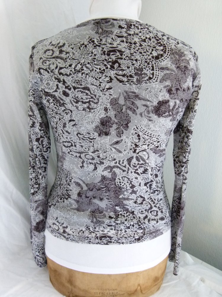 Stretch Shirt, anthrazit grau mit Ornament- & Pflanzenmustern, Boho Mori Goa Festival Lagenlook