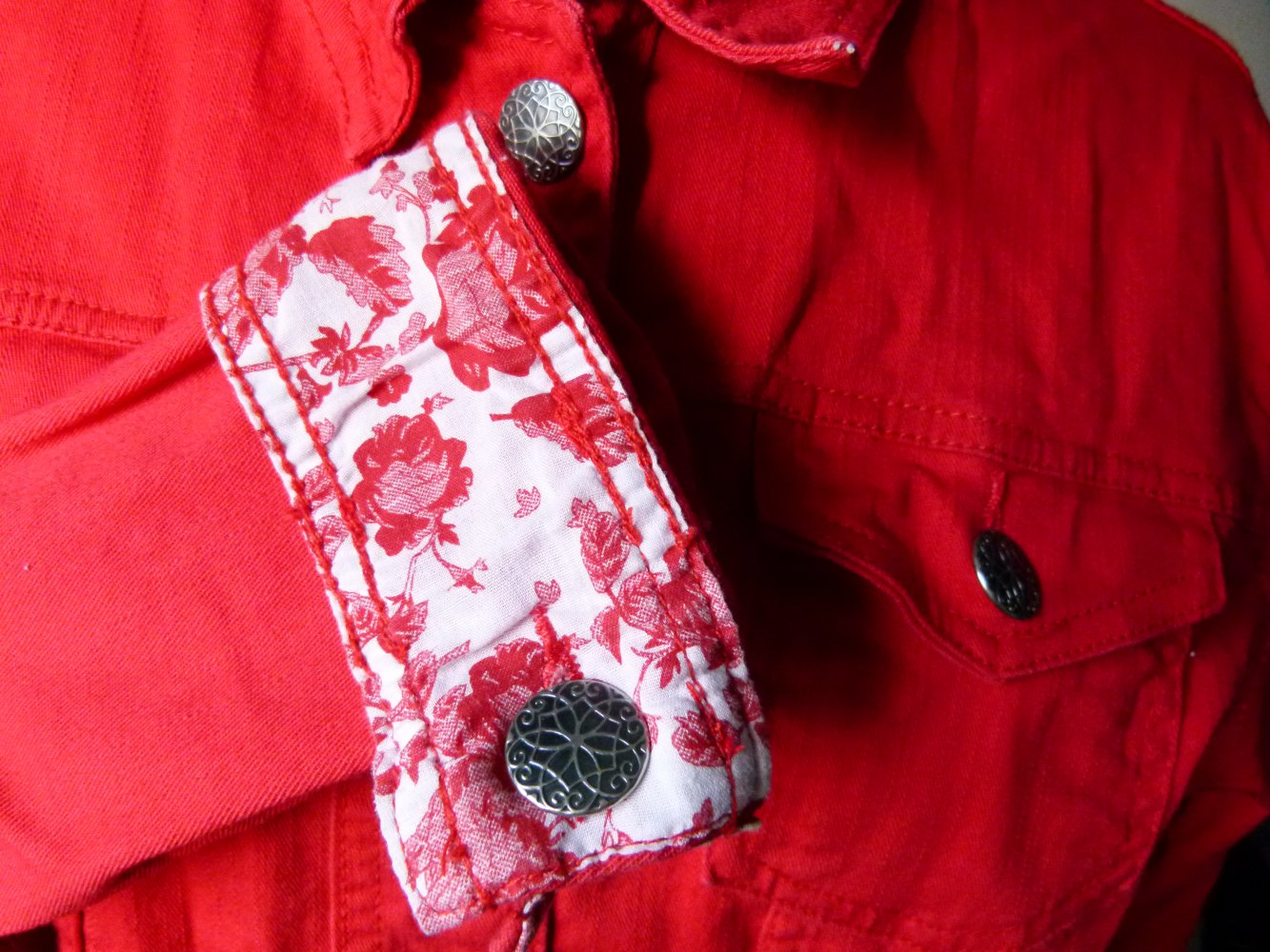 Jeans Jacke, knallrot, Boho Mori Festival Lagenlook Casual