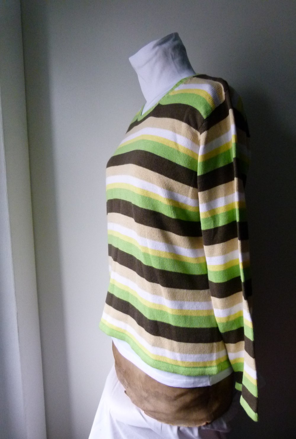 Ringel Strick Pullover, grün braun weiß gelb gestreift, Boho Mori Lagenlook Goa Festival Knitwear