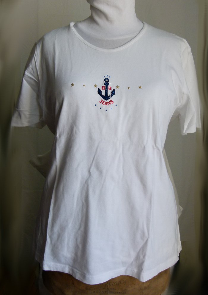 T-Shirt mit Anker-Stickerei und Ziersteinchen, weiß, Oversize Maritim Mori Boho Goa Festival Lagenlook