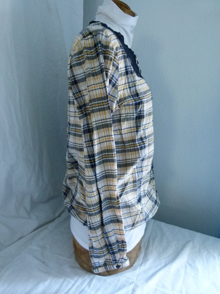 Tunika Bluse mit Spitze, dunkelblau gelb kariert, Boho Mori Goa Festival Lagenlook