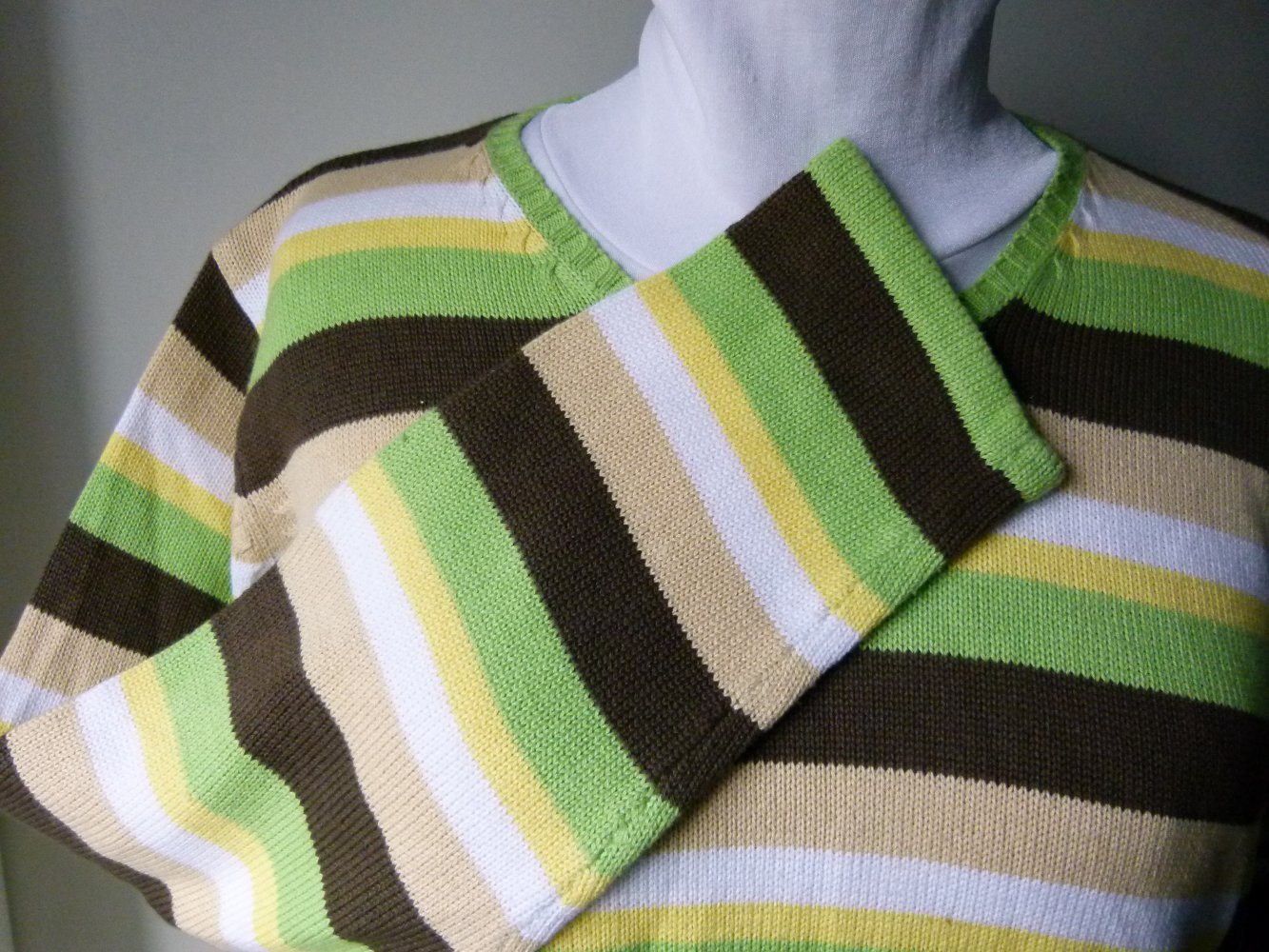 Ringel Strick Pullover, grün braun weiß gelb gestreift, Boho Mori Lagenlook Goa Festival Knitwear