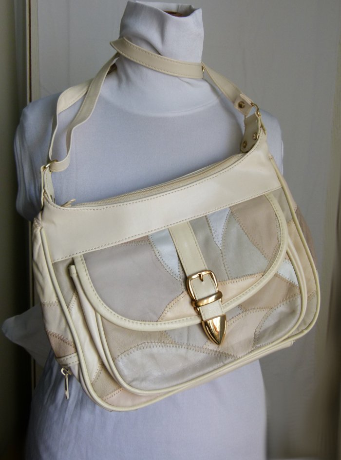 Umhängetasche Handtasche Shopper, Leder Patchwork, neutrals nude cremeweiß, viel Stauraum, Boho Mori 