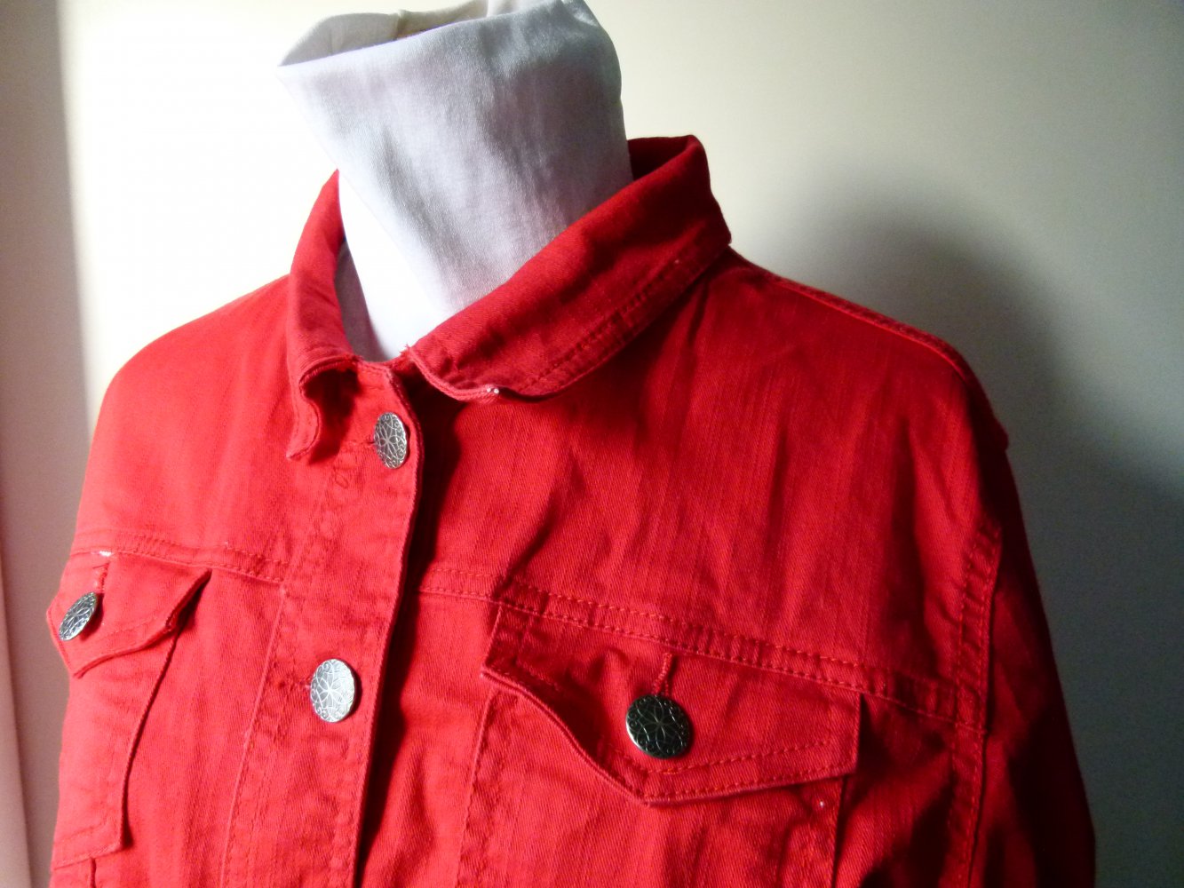 Jeans Jacke, knallrot, Boho Mori Festival Lagenlook Casual