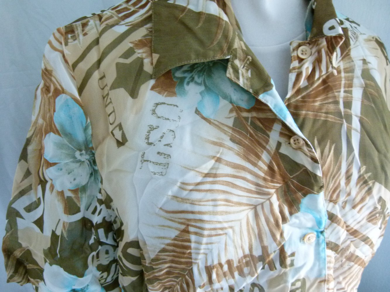 Sommer Bluse, Kurzarm, braun khaki hellblau gemustert, transparent, Boho Mori Goa Festival Strand Lagenlook