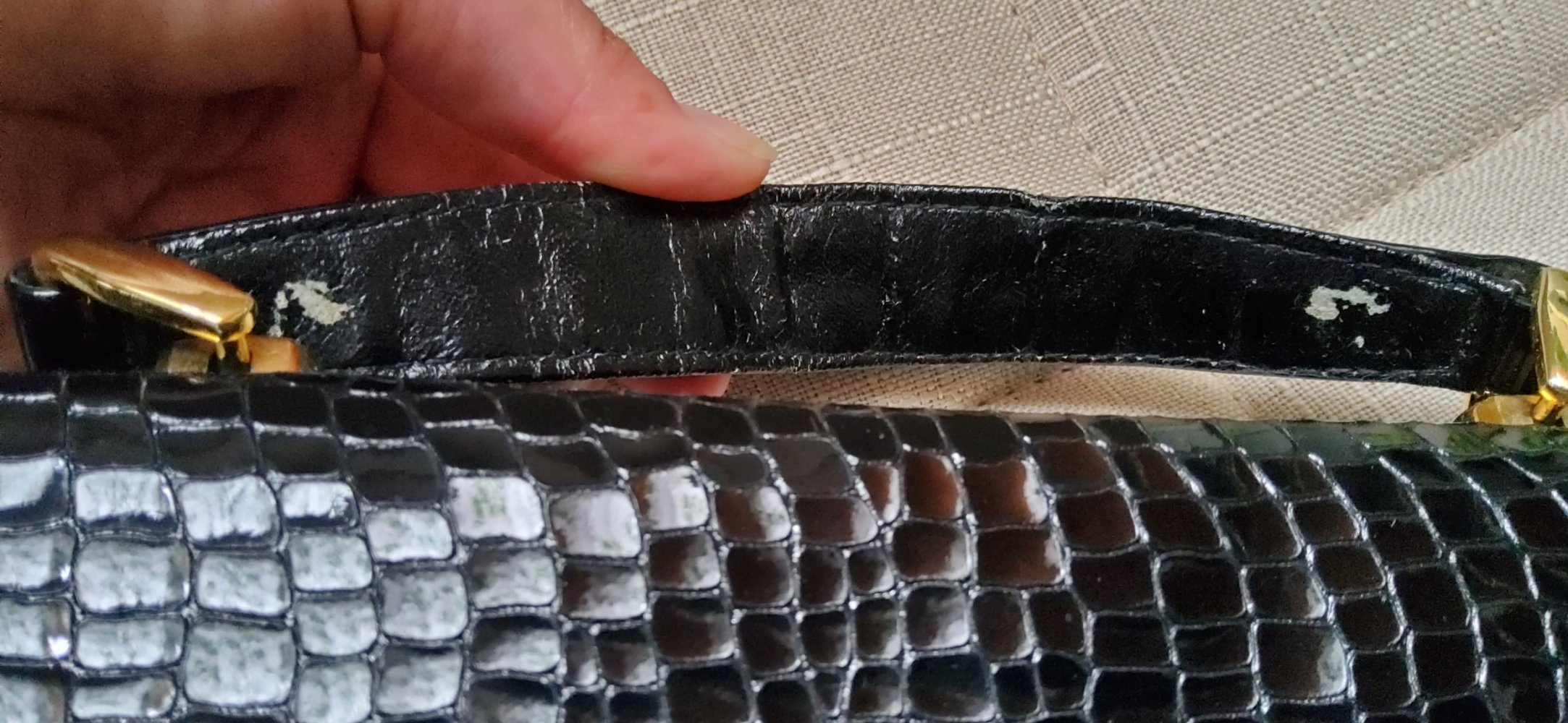 Handtasche Umhängetasche aus schwarzem Lack, Vintage Retro Boho Mori