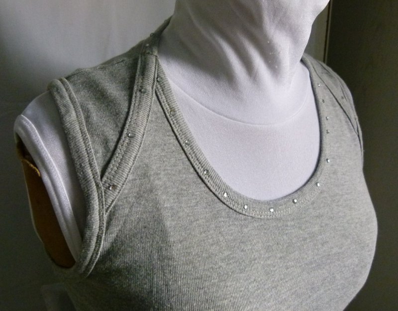 Feinripp Shirt Top, grau meliert mit Strass verziert, Boho Mori Goa Festival Sommer