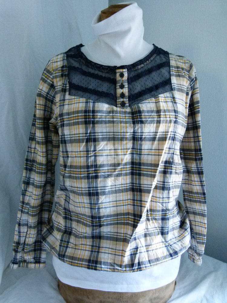 Tunika Bluse mit Spitze, dunkelblau gelb kariert, Boho Mori Goa Festival Lagenlook
