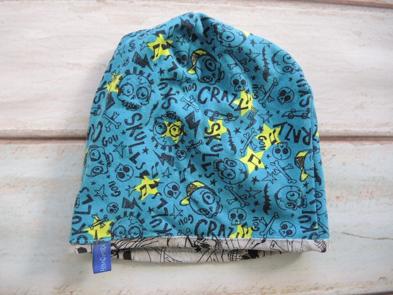 Jersey Beanie/Mütze wendbar türkis / grau mit Skull Skater Motiven Gr.110-128 Handmade