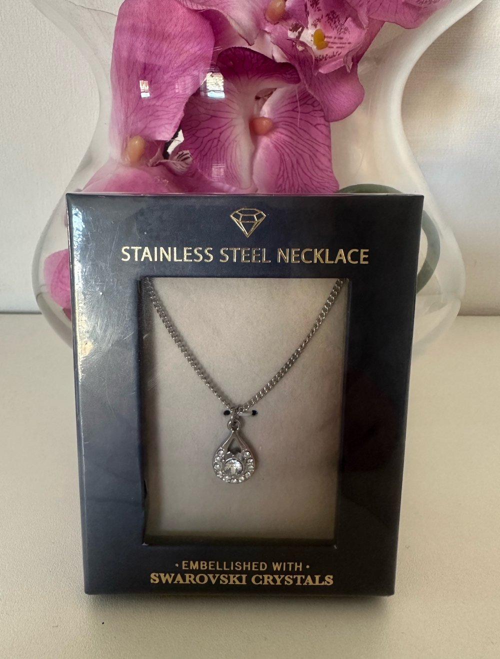 Edelstahl Kette mit Svarowski Kristallen silber Neu Valentinstag
