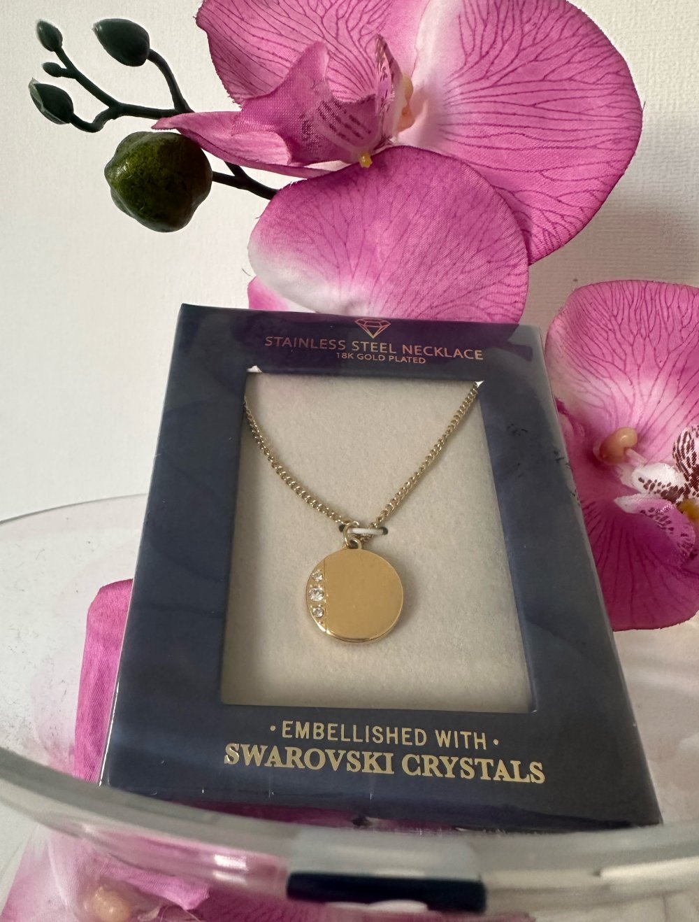 Edelstahl Kette mit Swarovski Kristallen Gold Neu