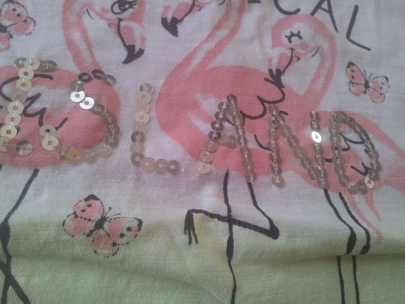 Shirt weiß hellgrün Flamingo Pailletten Gr. 98 NEU