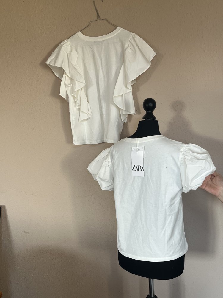 2 Zara Sommer Shirts weiß mit Volants und Puff Ärmel Gr.S Top Zustand