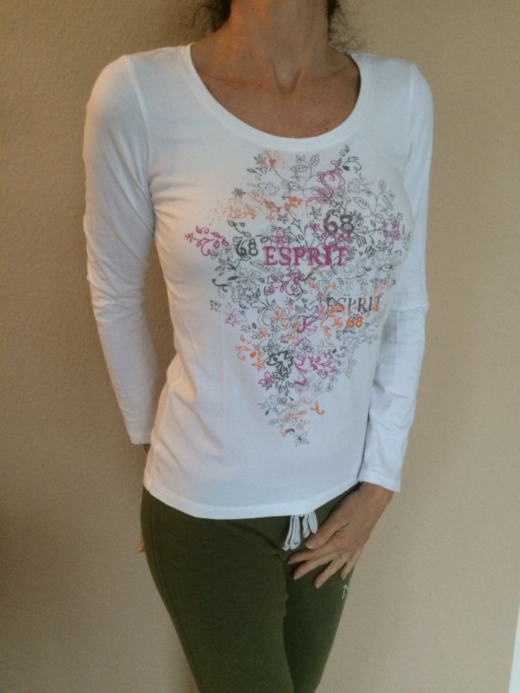 Esprit Langarm Shirt Gr.M weiß mit Blumenmotive