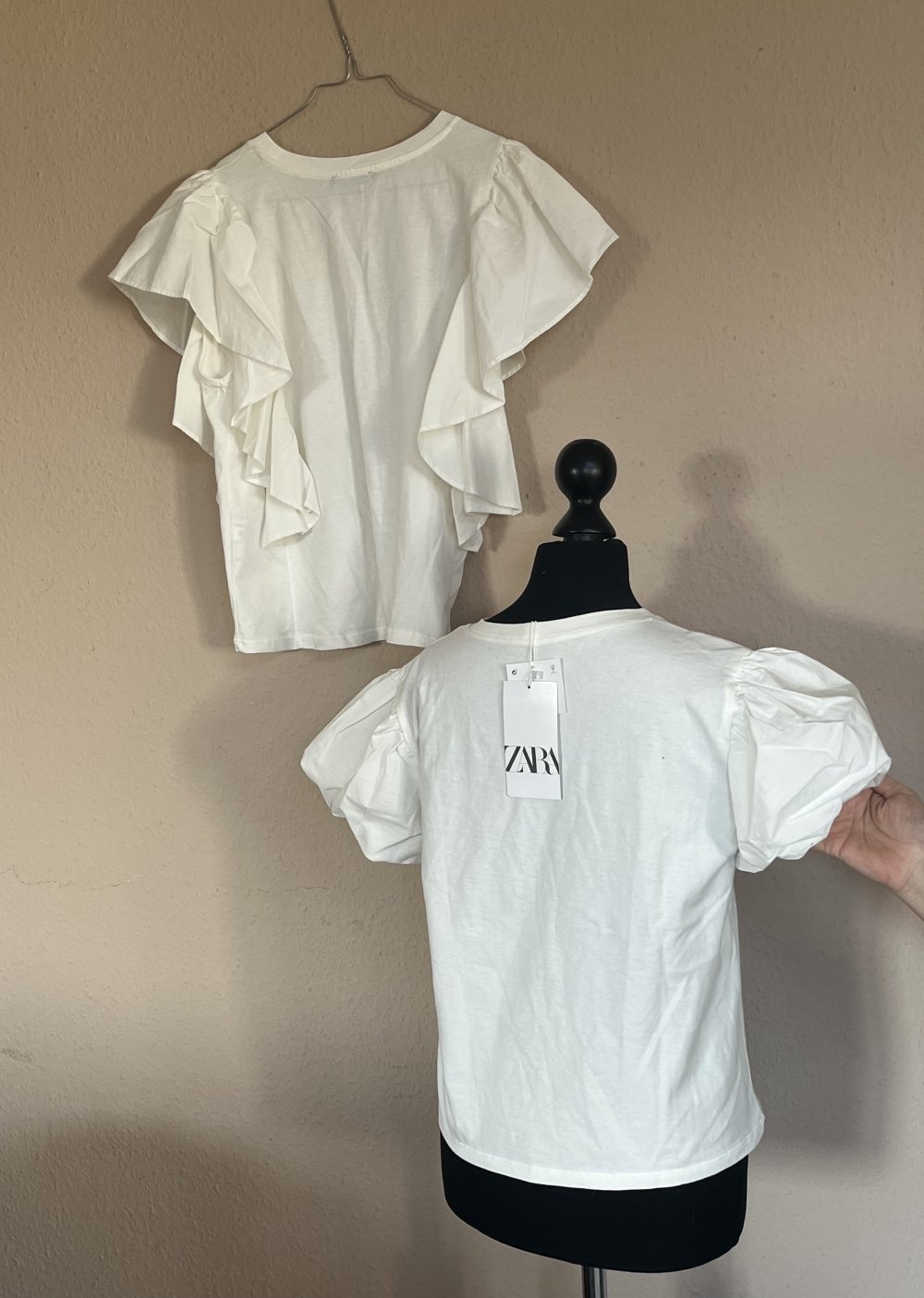 2 Zara Sommer Shirts weiß mit Volants und Puff Ärmel Gr.S Top Zustand