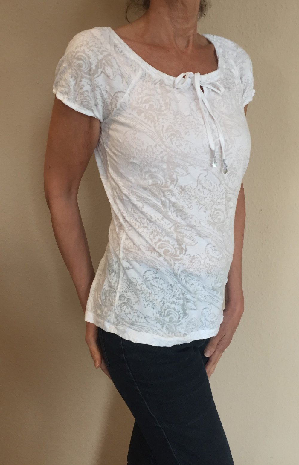 Street One Carmen Dekolte T-Shirt Gr.S weiß mit Muster, Semi Transparent mit Blumenmuster