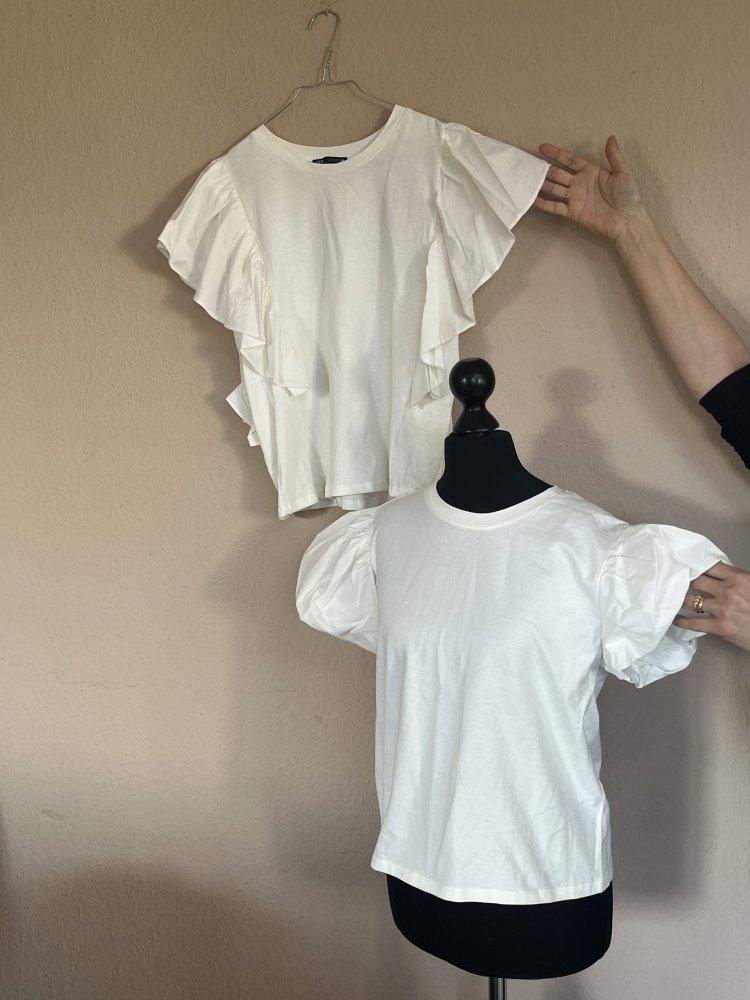 2 Zara Sommer Shirts weiß mit Volants und Puff Ärmel Gr.S Top Zustand