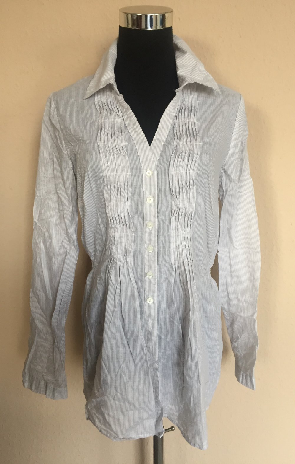 TCM Tunika Bluse mit Biesen Gr.38 weiß / hellgrau gestreift