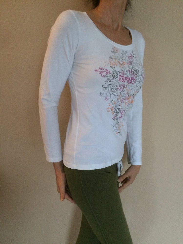 Esprit Langarm Shirt Gr.M weiß mit Blumenmotive