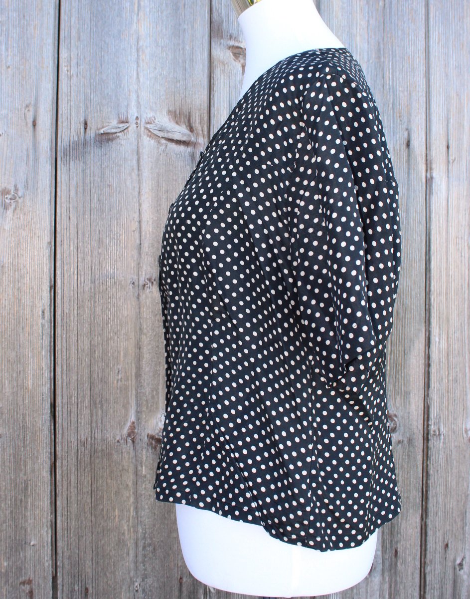 dunkelgraue taillierte True Vintagebluse mit Punktemuster, Seidenbluse, Polkadots, Größe 42/44