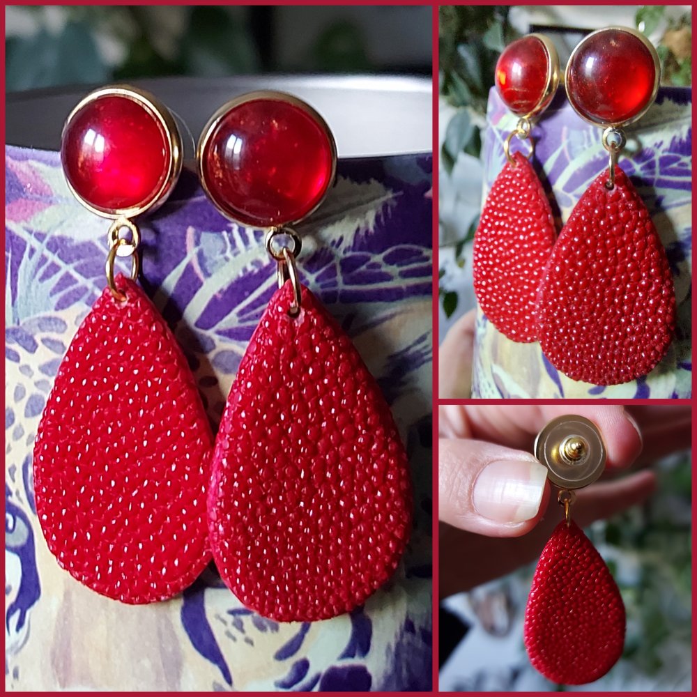 rote Ohrhänger aus Rochenleder mit einem rot-goldenen Cabochon, Unikat, Galuchat, Perlrochen