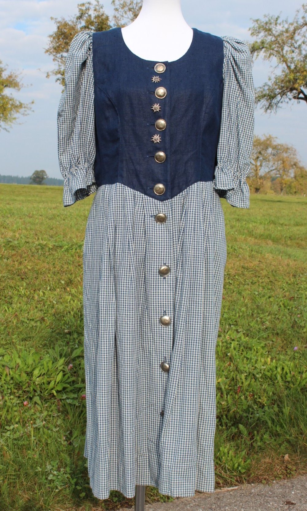 dunkelblau weißes kleinkariertes Vintagekleid, Dirndl?, Land Haus, Größe 42